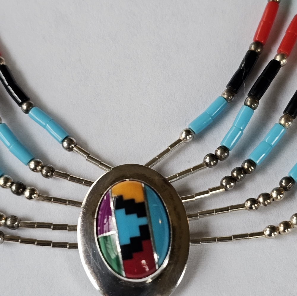 Authentic Turquoise Pendant 5 Strand Heishi Liquid Sterling Silver Necklace - Picture 2 of 5